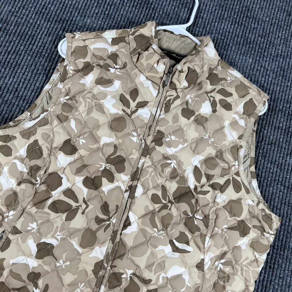Eddie Bauer Vest Womens Medium Beige Tan Floral Camo Quilted Down Zip Pockets